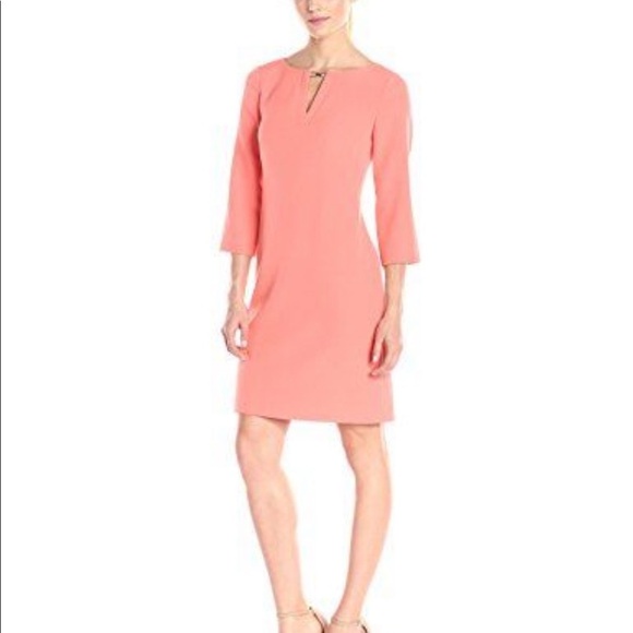 NEW Adrianna Papell Three Quarter Sleeve Crepe Shift Dress Melon Color Size 4 - Picture 1 of 7